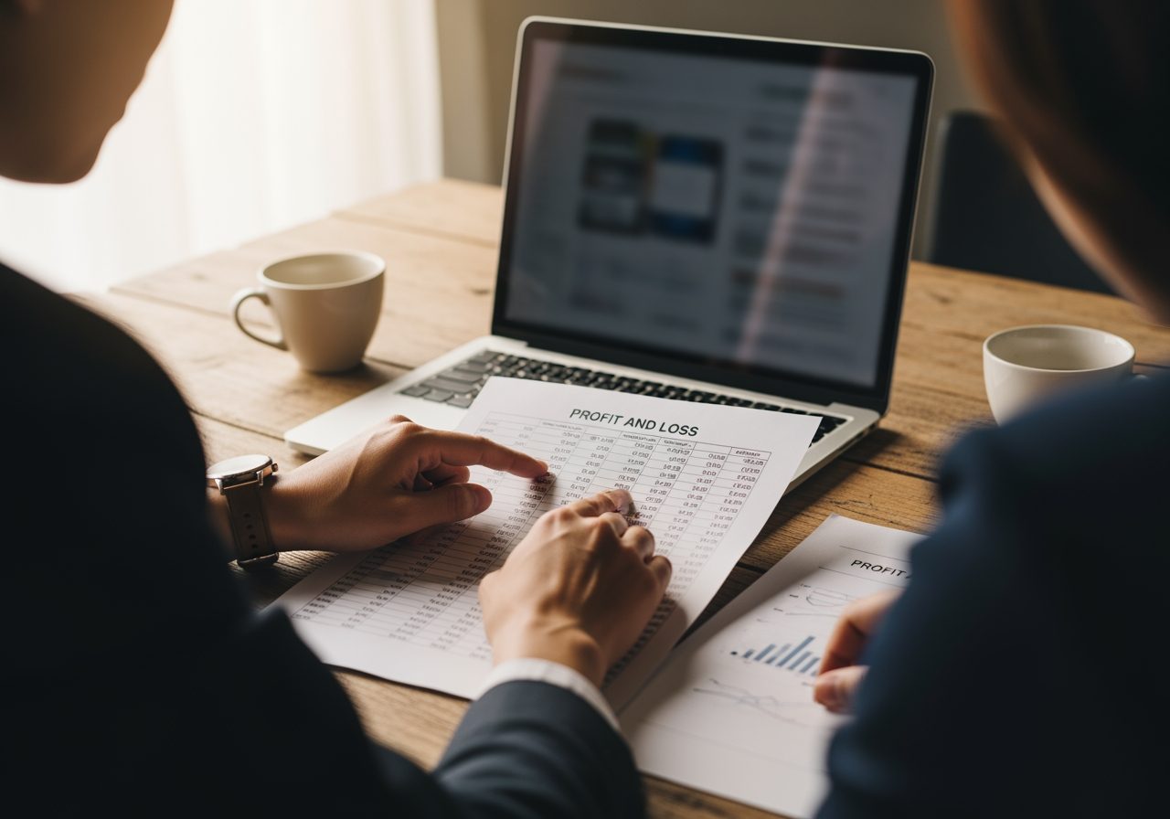 Two people reviewing a printed profit-and-loss statement together at a table