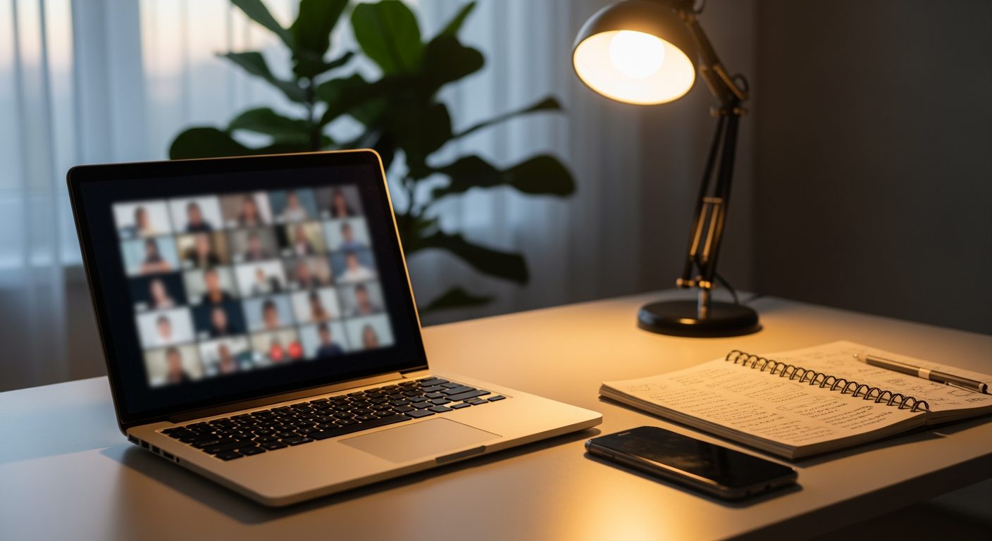 A cozy home office desk with a laptop open to a video call and a handwritten notebook