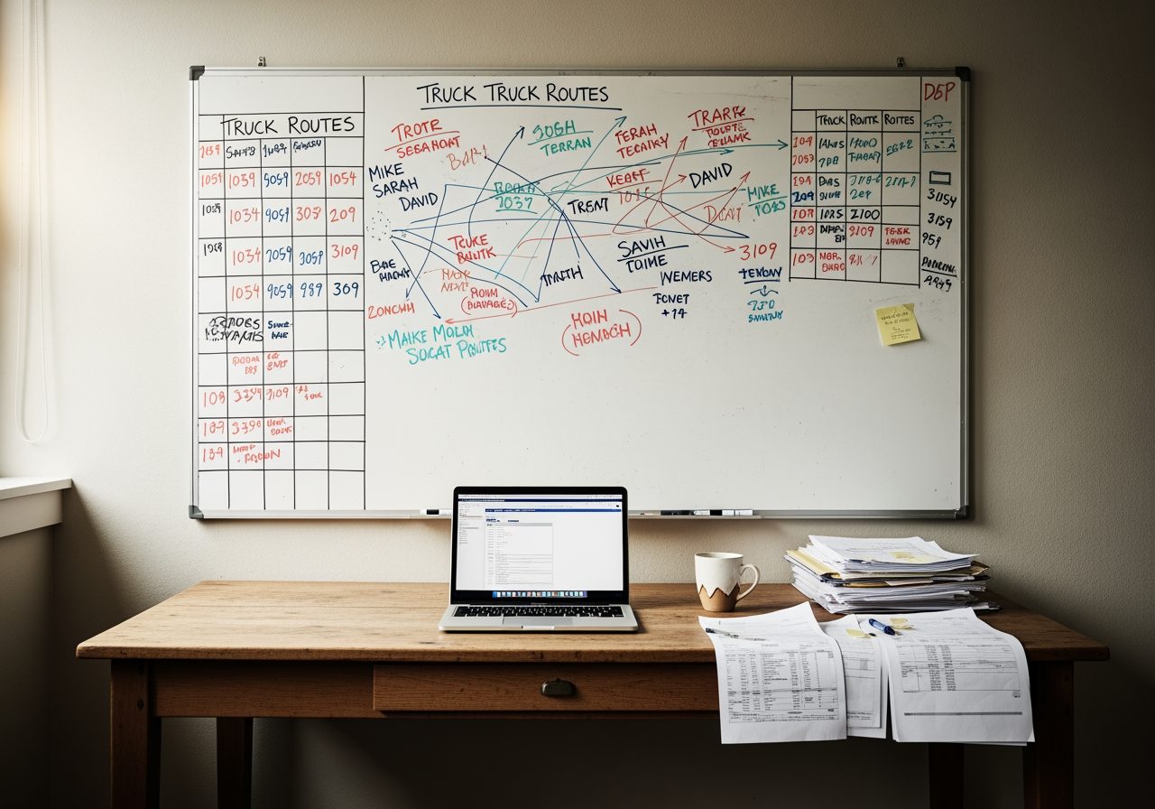 A home services dispatch desk with a whiteboard of truck routes and technician schedules