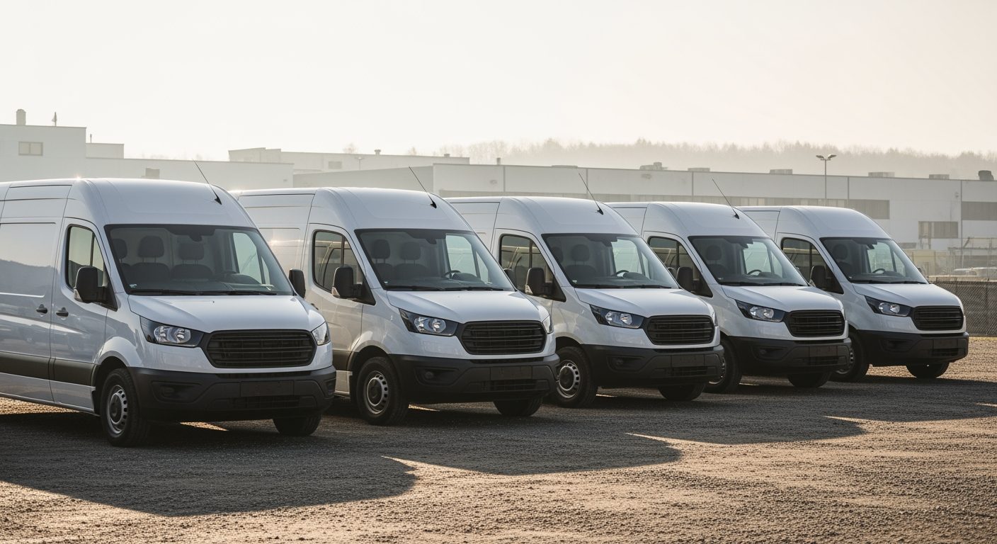 A small fleet of home services vans lined up in a yard