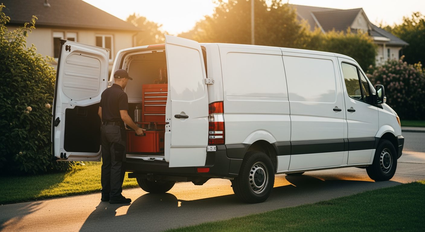 A home services technician loading equipment into a service van in a driveway at golden hour